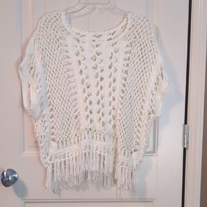 Garage Cream Crochet Poncho with Fringe